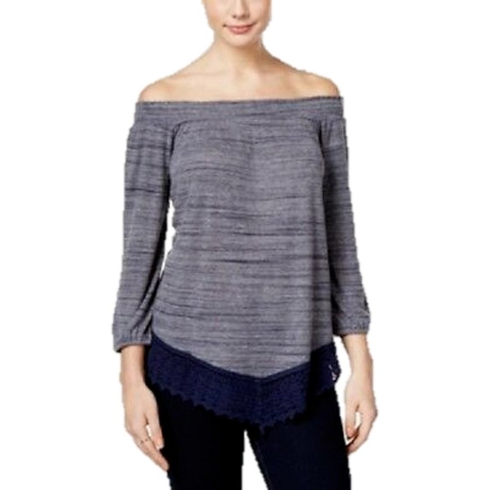 Style & Co. Crochet-Hem Blue Combo Bishop-Sleeve Top , Size Large, Retail $49.50